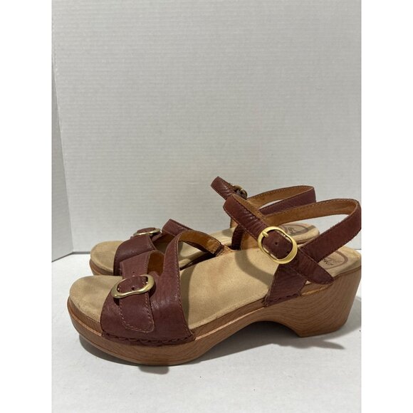 DANSKO Sandals Sandi Brown Leather Buckle Detail Platform Women's Sz 38 - Picture 1 of 7
